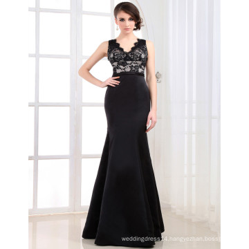 ED002 Satin Floor length Elegant Black formal dress for wedding party Sleeveless V-neck vestidos de fiesta evening dress